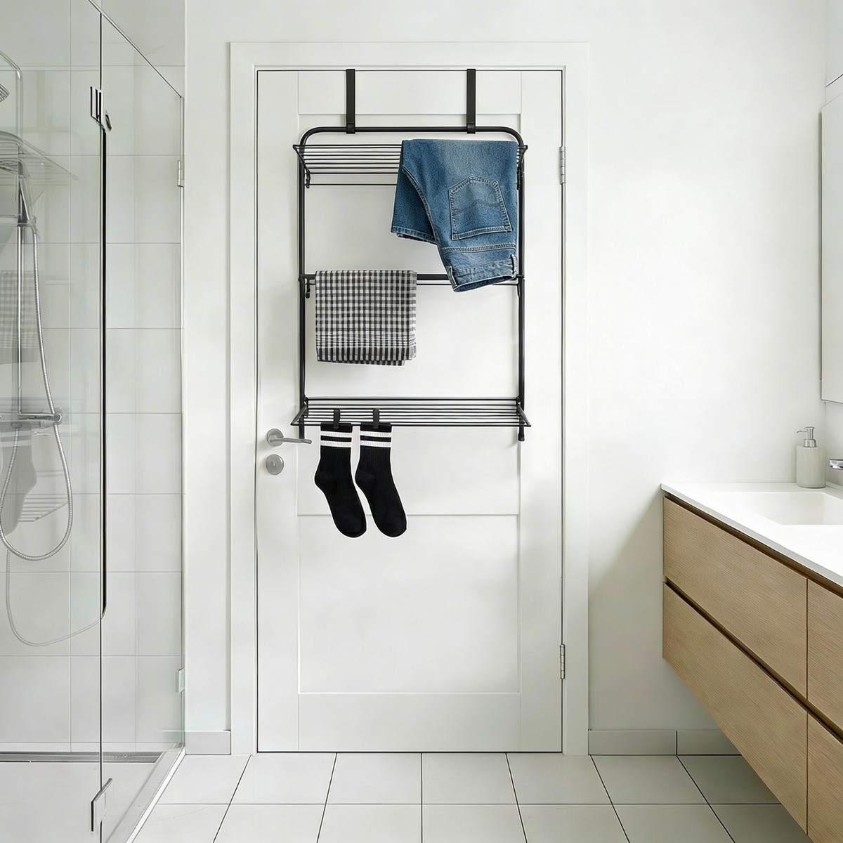 OHS Over The Door Tiered Foldable Drying Rack - Black>