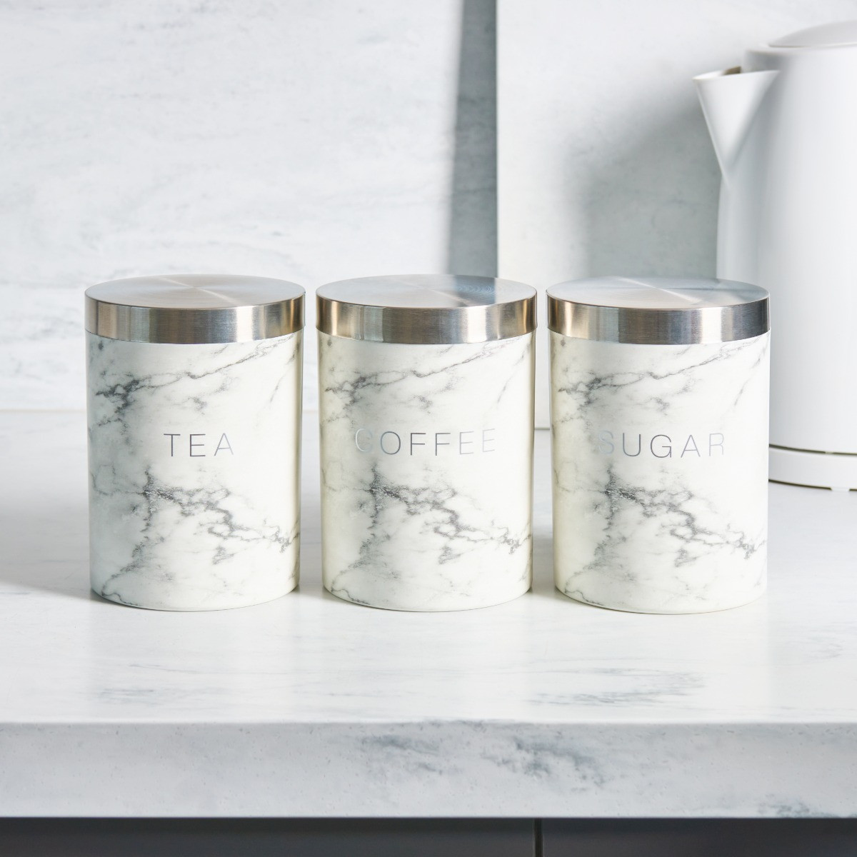 OHS 3 Piece Tea Coffee Sugar Canisters - White Marble>