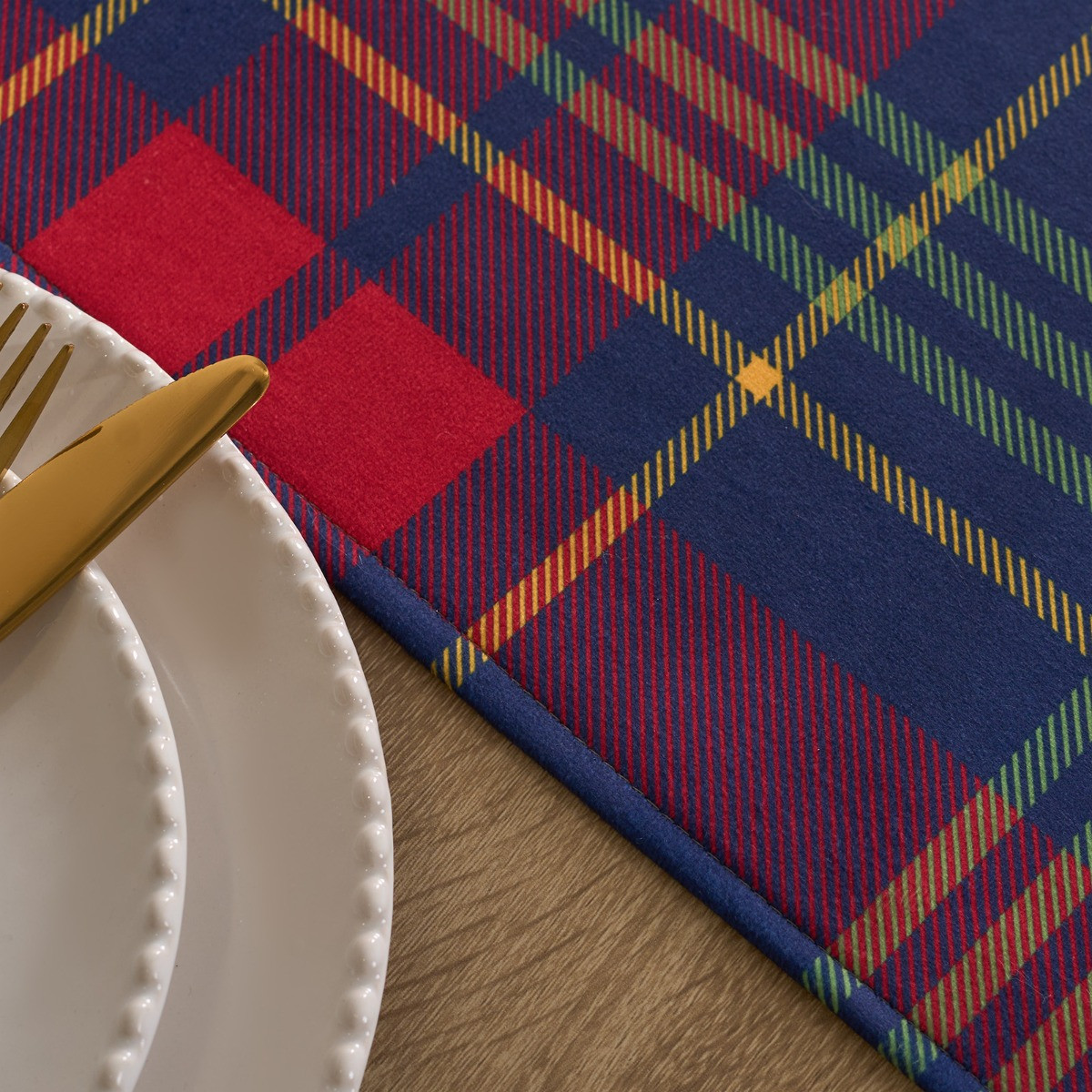 OHS Oxford Check Matte Velvet Table Runner - Navy/Red>