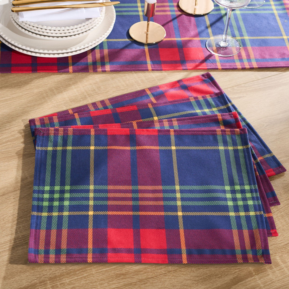 OHS Oxford Check Matte Velvet Table Placemats, Navy/Red - 4 Pack>