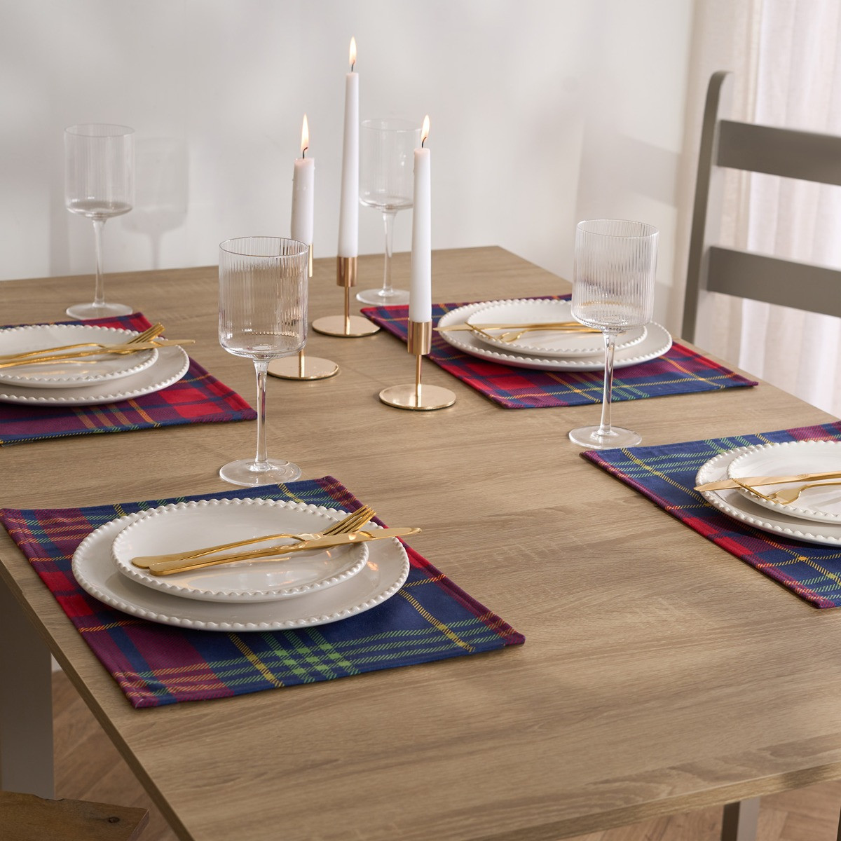 OHS Oxford Check Matte Velvet Table Placemats, Navy/Red - 4 Pack>