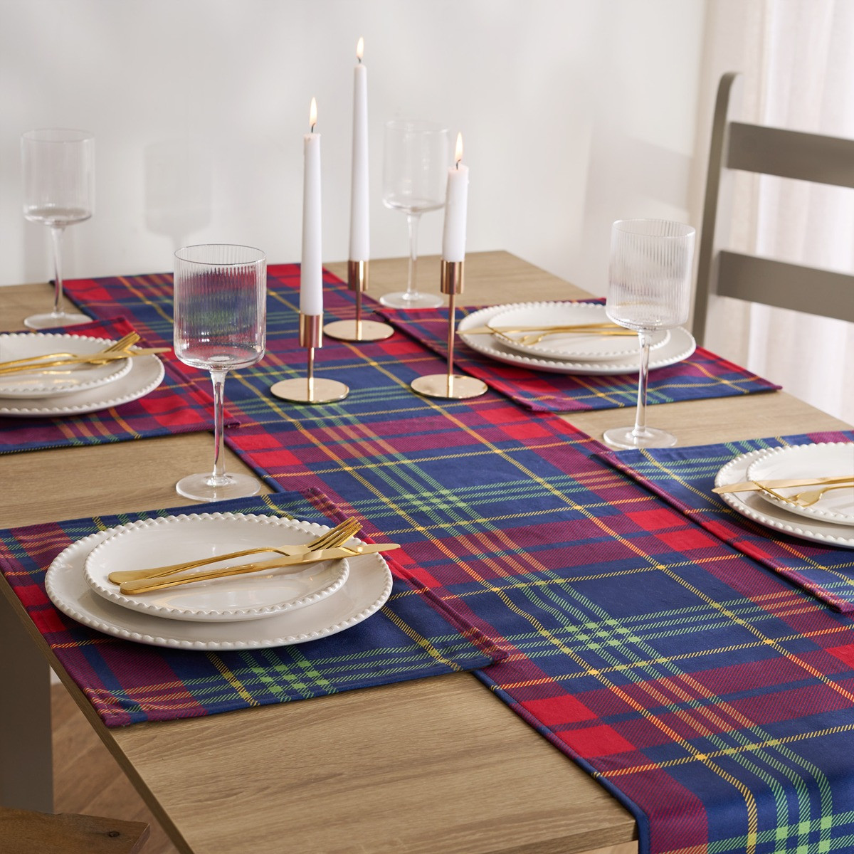 OHS Oxford Check Matte Velvet Table Placemats, Navy/Red - 4 Pack>