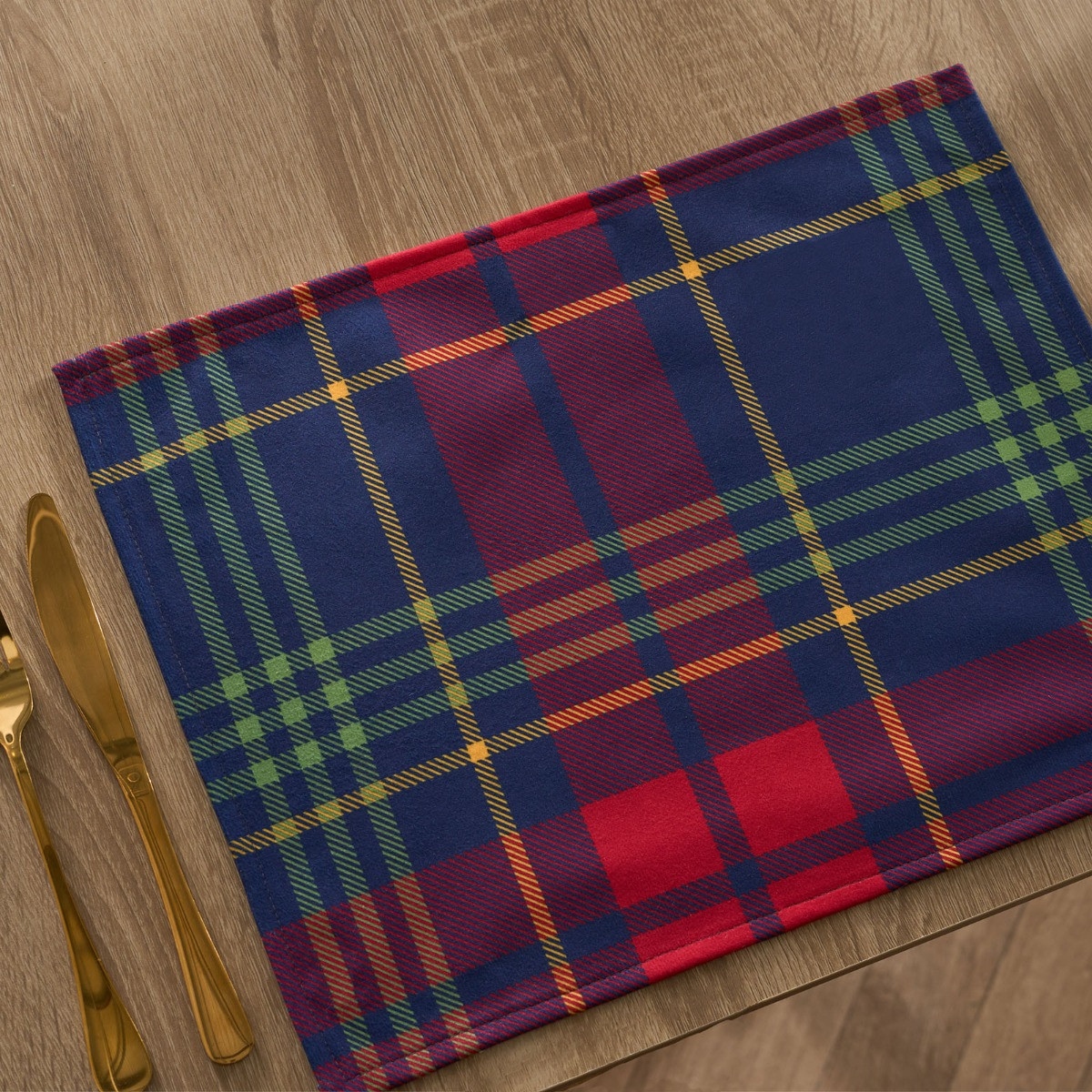 OHS Oxford Check Matte Velvet Table Placemats, Navy/Red - 4 Pack>