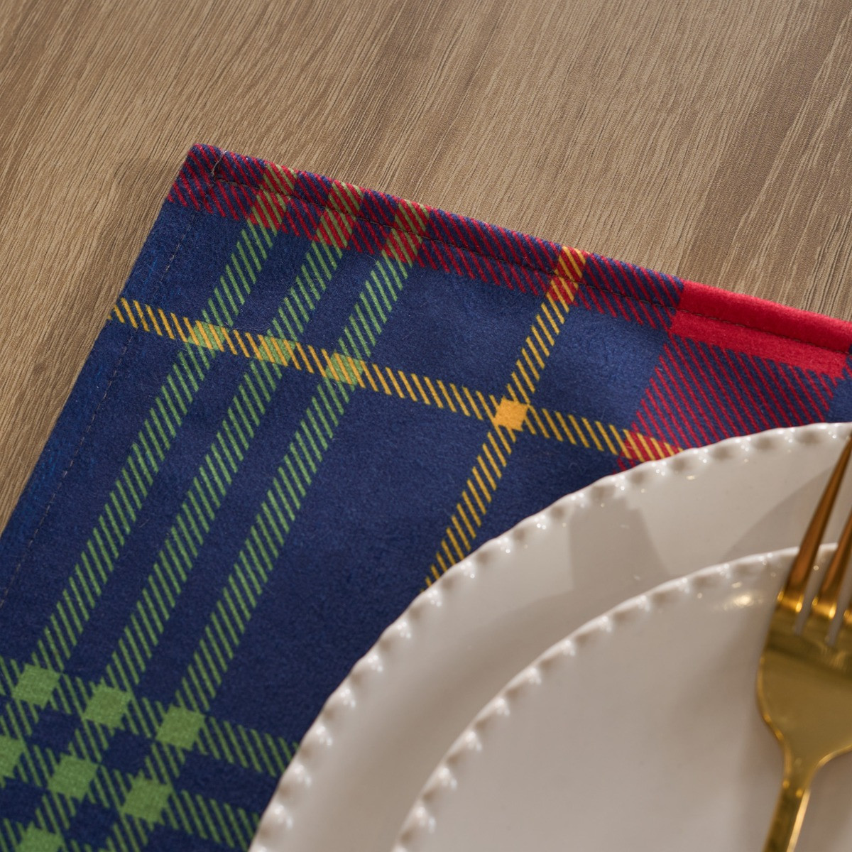 OHS Oxford Check Matte Velvet Table Placemats, Navy/Red - 4 Pack>