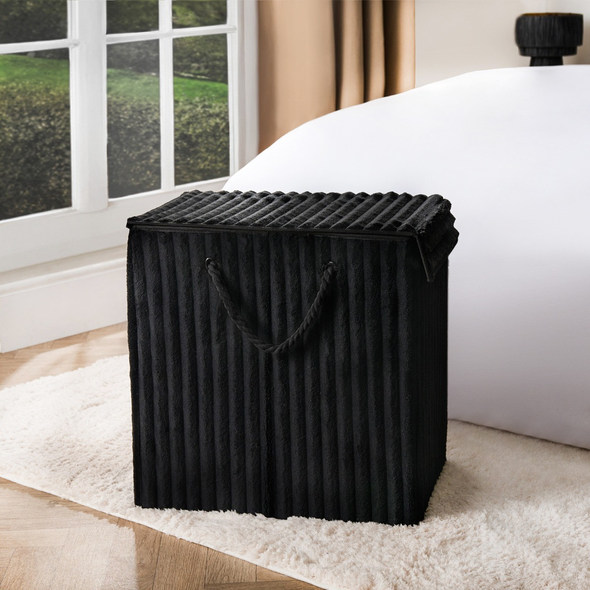 OHS Ribbed Faux Fur Foldable Laundry Basket - Black>
