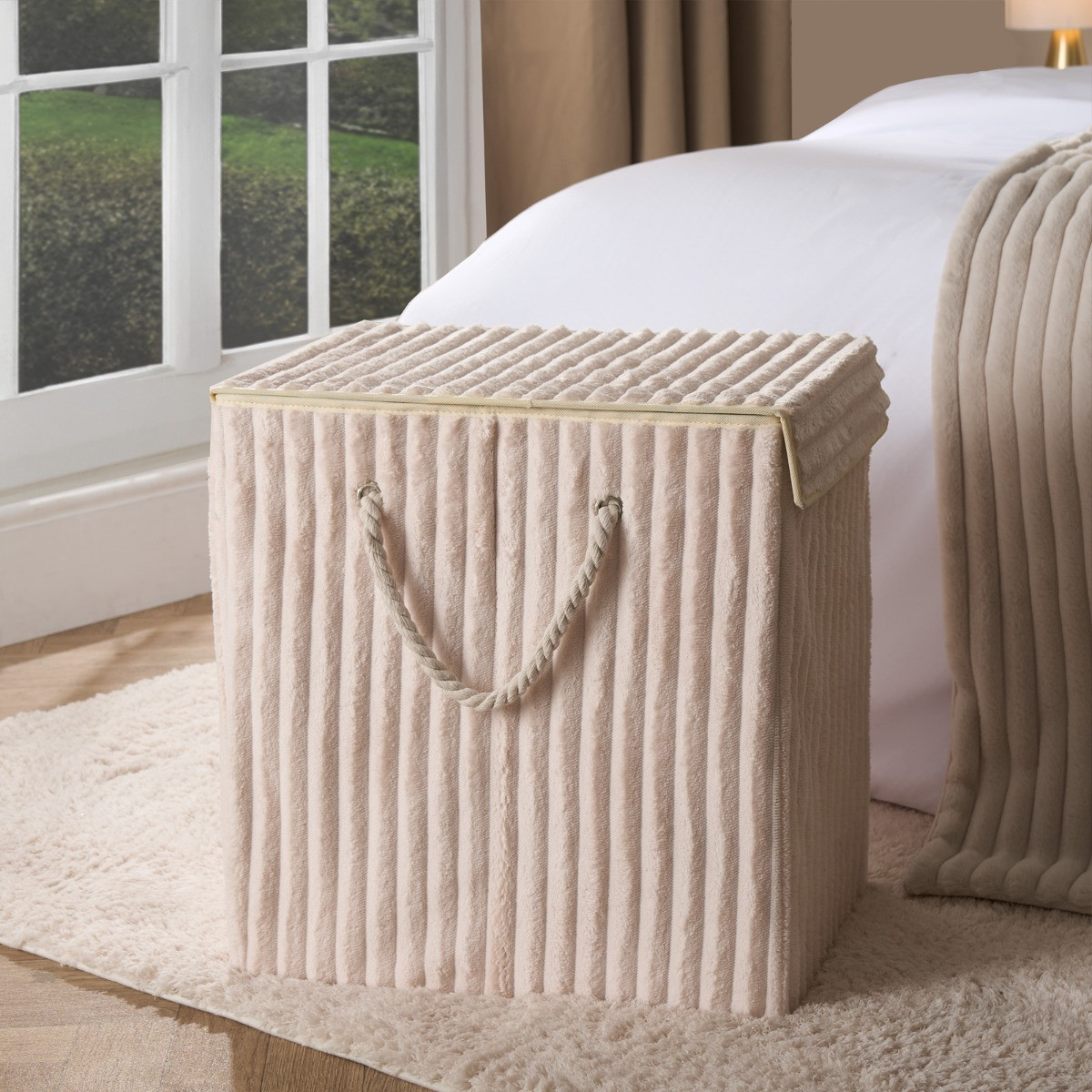 OHS Ribbed Faux Fur Foldable Laundry Basket - Cream>
