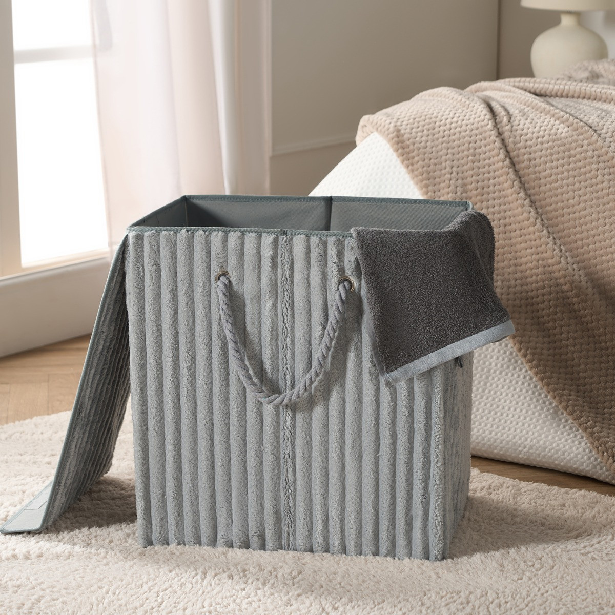 Ribbed Foldable Laundry Basket - Grey>