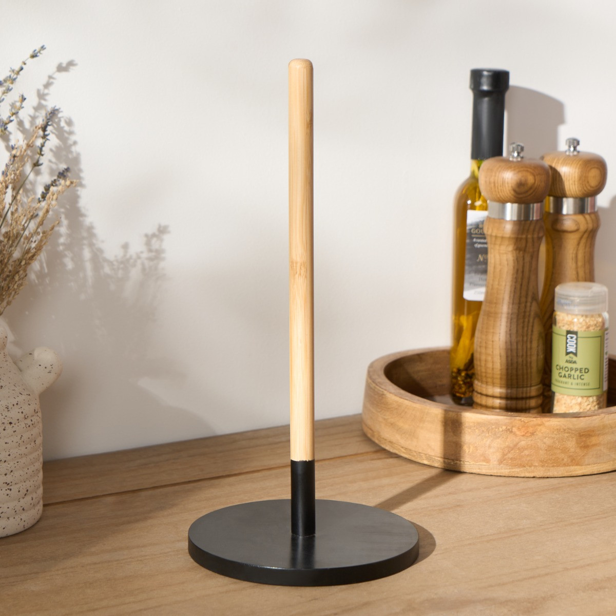 OHS Bamboo Kitchen Roll Holder - Black/Natural>