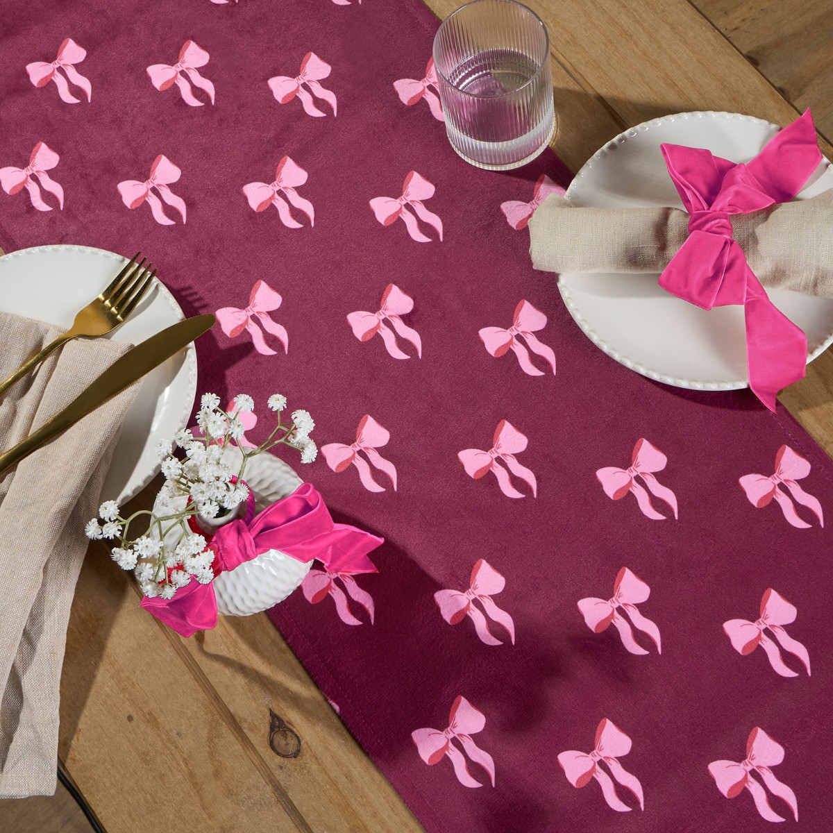OHS Bow Print Table Runner - Burgundy>