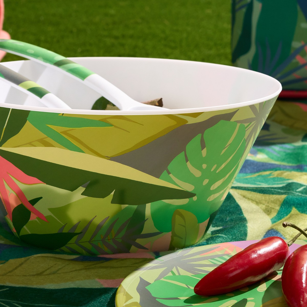 OHS Palm Print Picnic Salad Bowl & Utensil Set - Green>