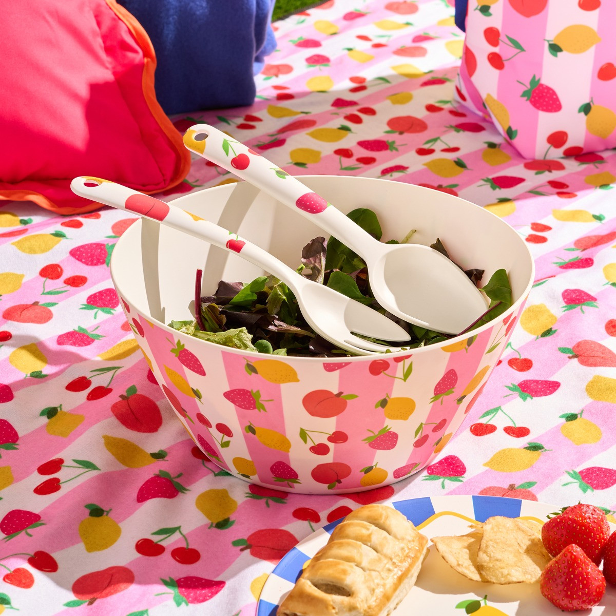 OHS Fruit Print Picnic Salad Bowl & Utensil Set - Pink>