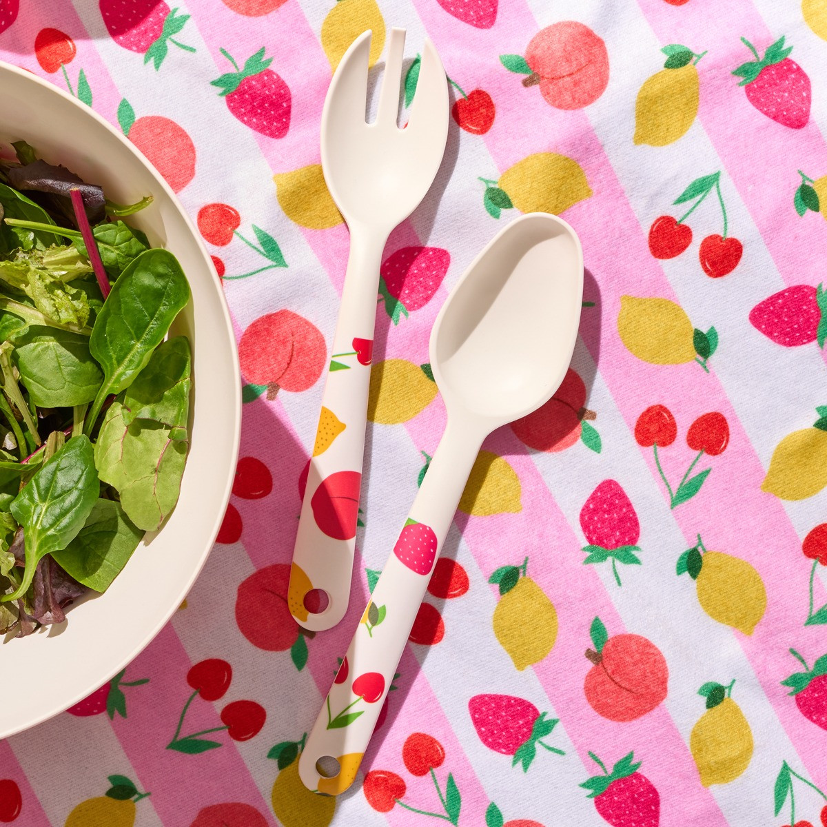 OHS Fruit Print Picnic Salad Bowl & Utensil Set - Pink>
