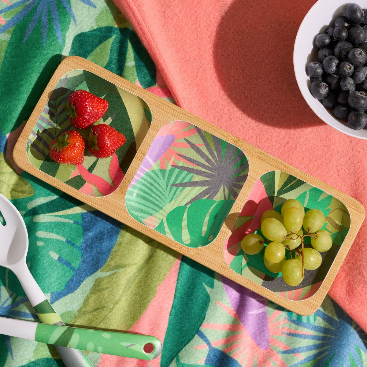 OHS Palm Print Bamboo 3-Section Picnic Serving Board - Green>