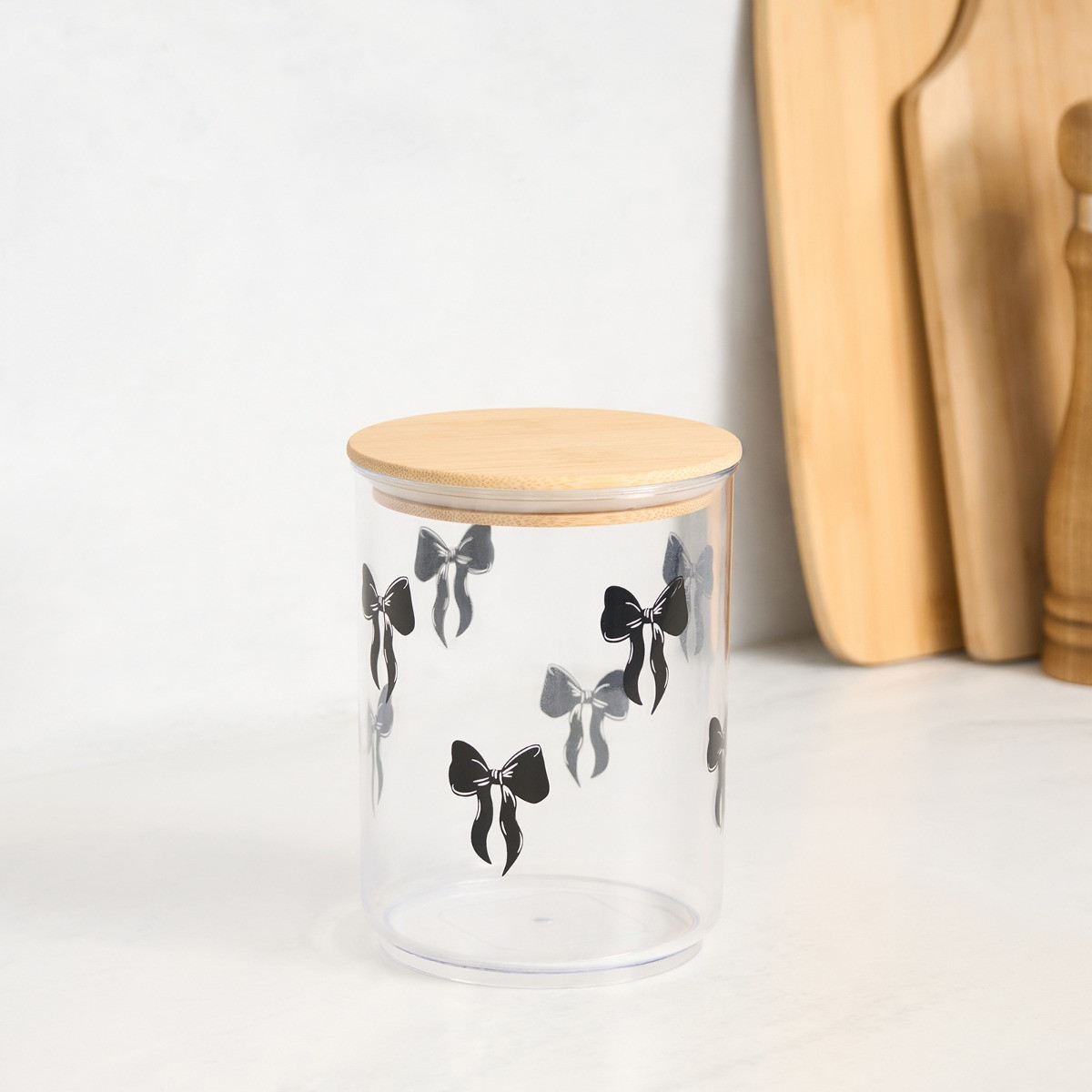 OHS Small Bow Plastic Round Storage Container with Bamboo Lid - Clear/Black>