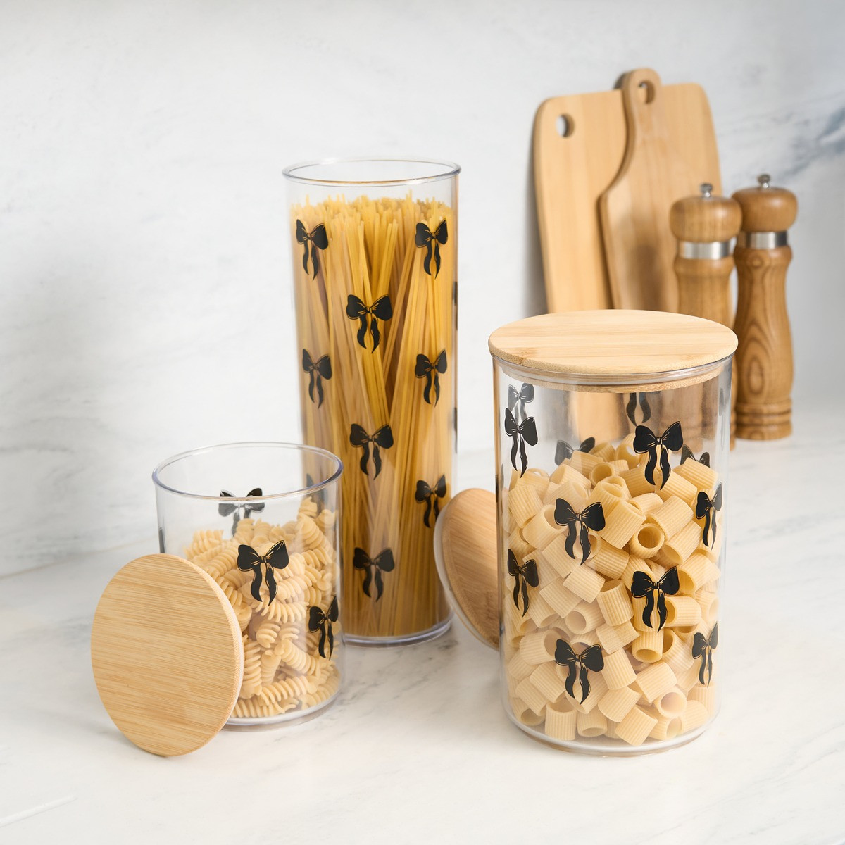 OHS Small Bow Plastic Round Storage Container with Bamboo Lid - Clear/Black>