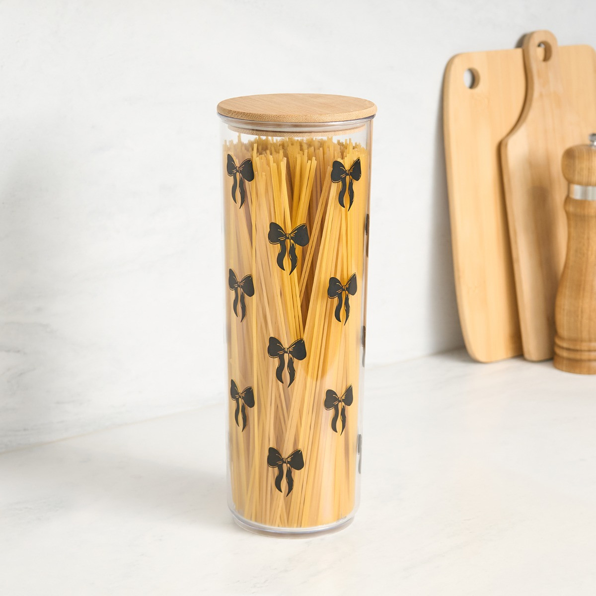 OHS Tall Bow Plastic Round Storage Container with Bamboo Lid - Clear/Black>