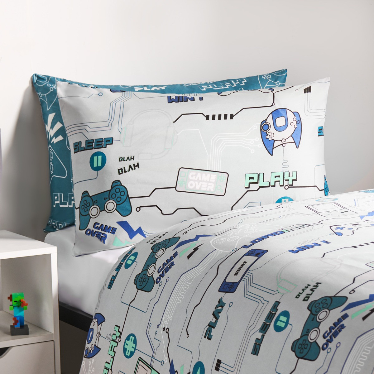 OHS Kids Gaming Console Print Reversible Duvet Cover Set, Grey/Blue - Double>