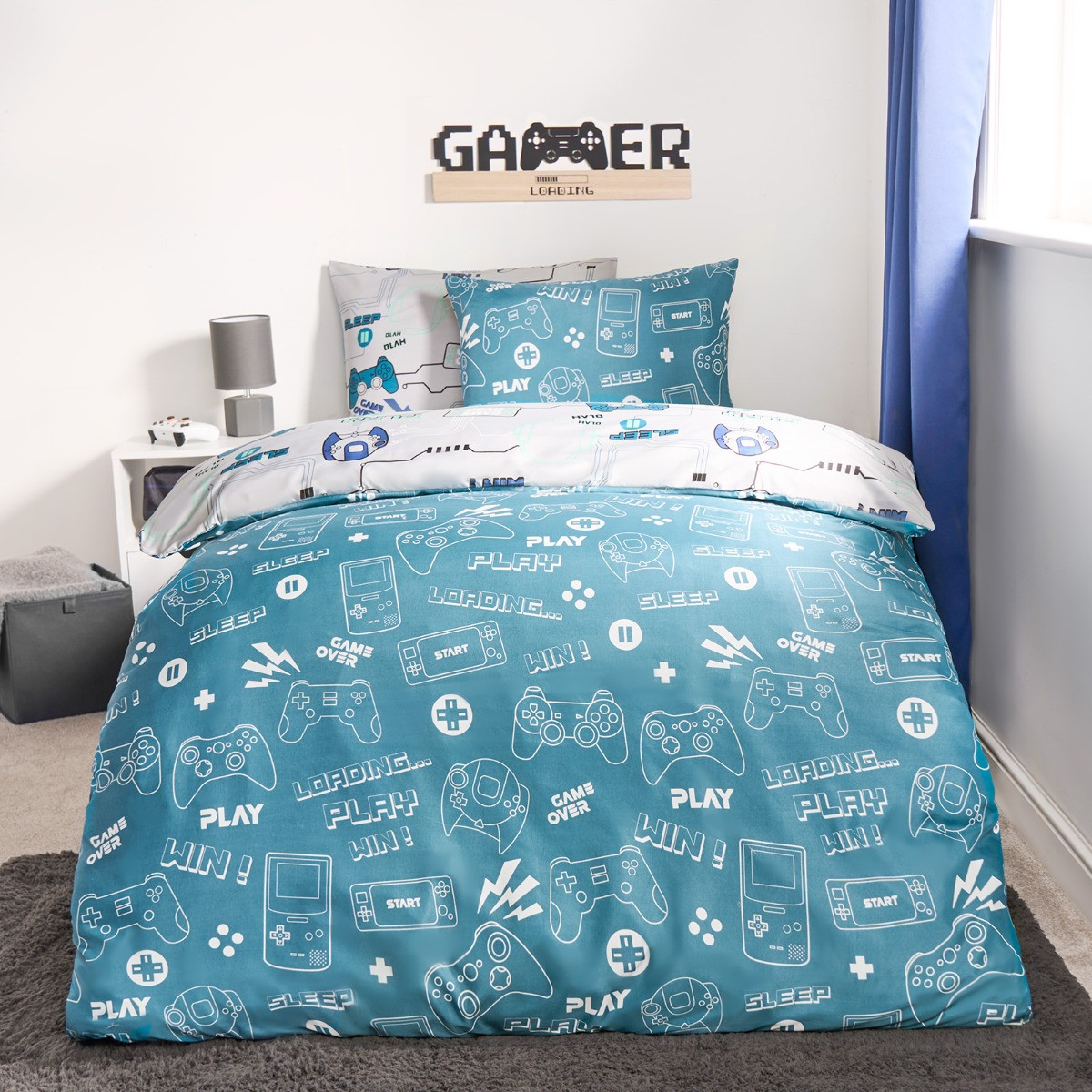 OHS Kids Gaming Console Print Reversible Duvet Cover Set, Grey/Blue - Double>