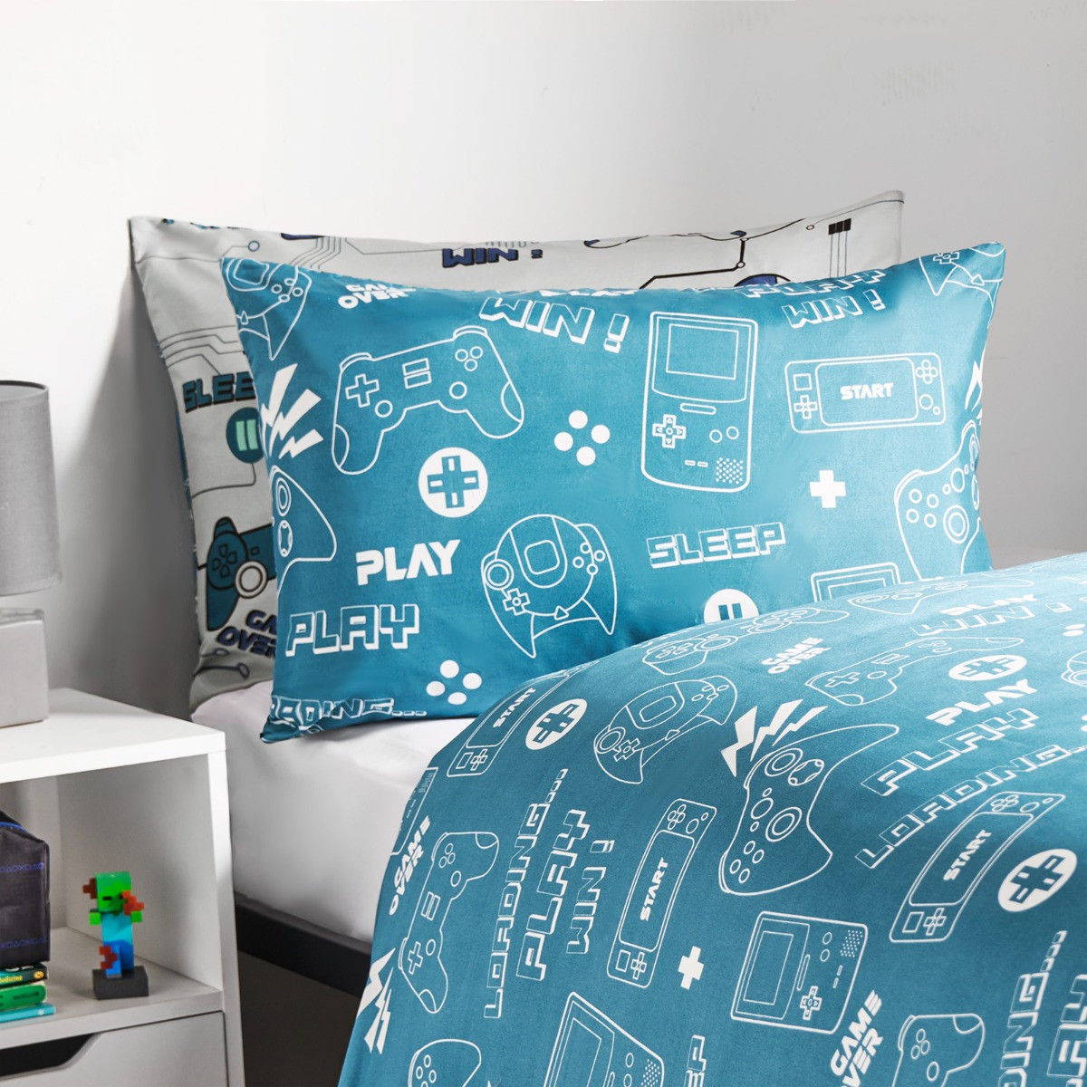 OHS Kids Gaming Console Print Reversible Duvet Cover Set, Grey/Blue - Double>