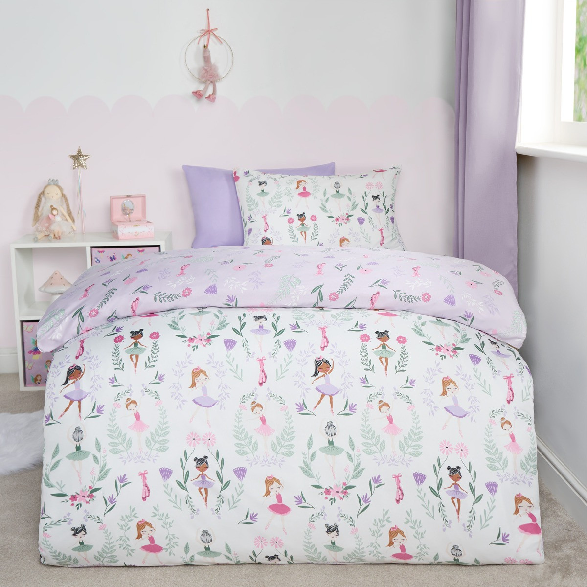 OHS Kids Ballerina Print Reversible Duvet Cover Set - Lilac/White>
