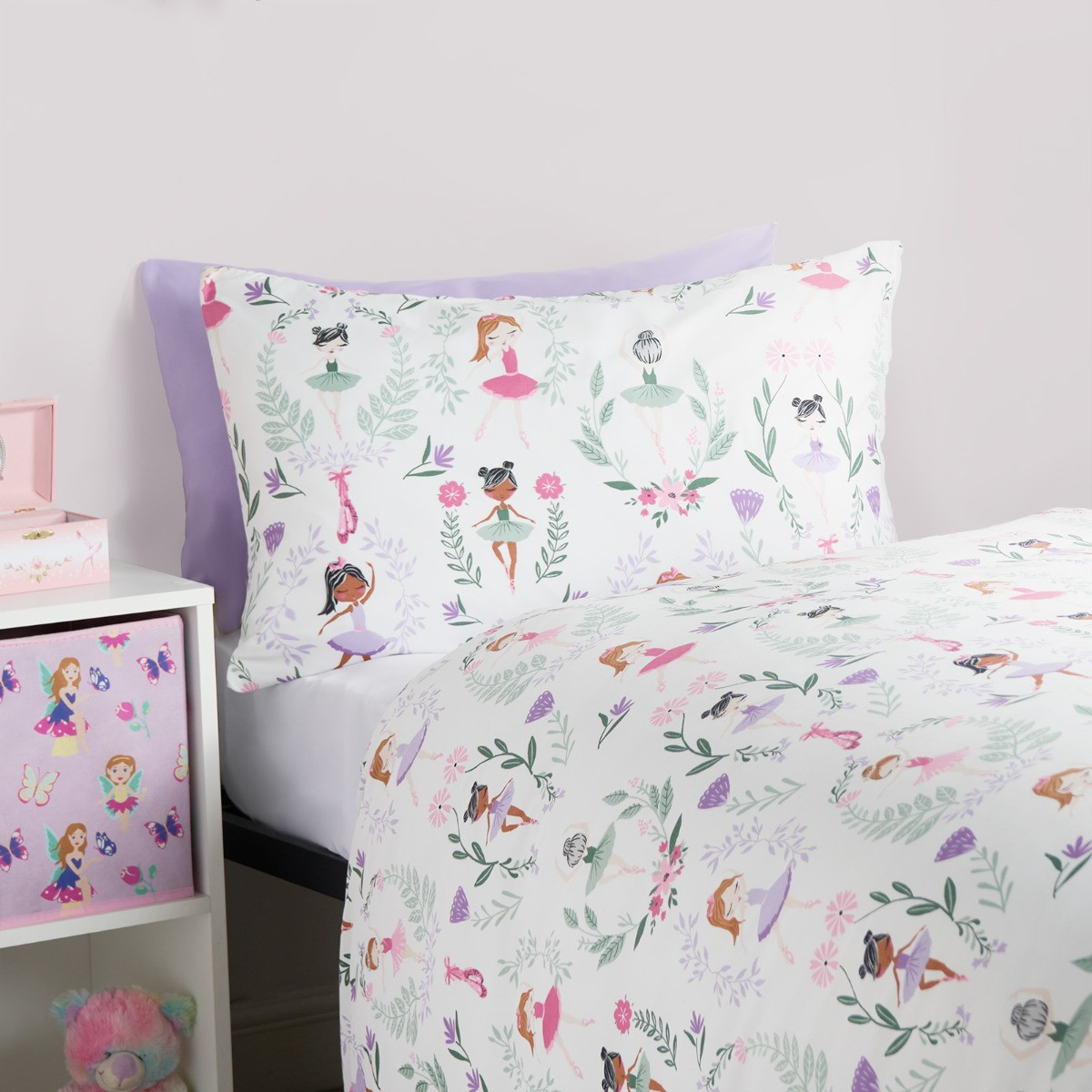 OHS Kids Ballerina Print Reversible Duvet Cover Set - Lilac/White>