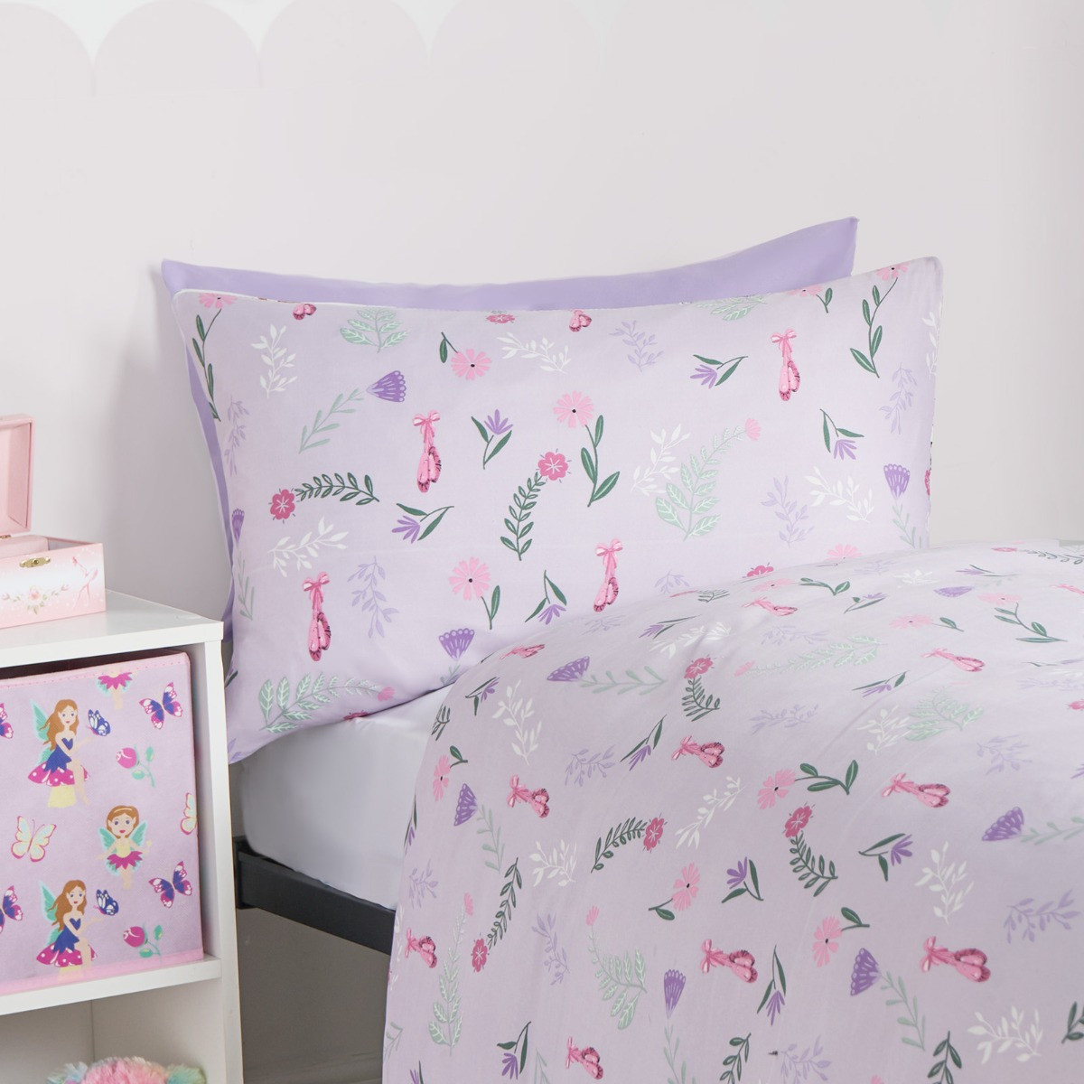 OHS Kids Ballerina Print Reversible Duvet Cover Set - Lilac/White>