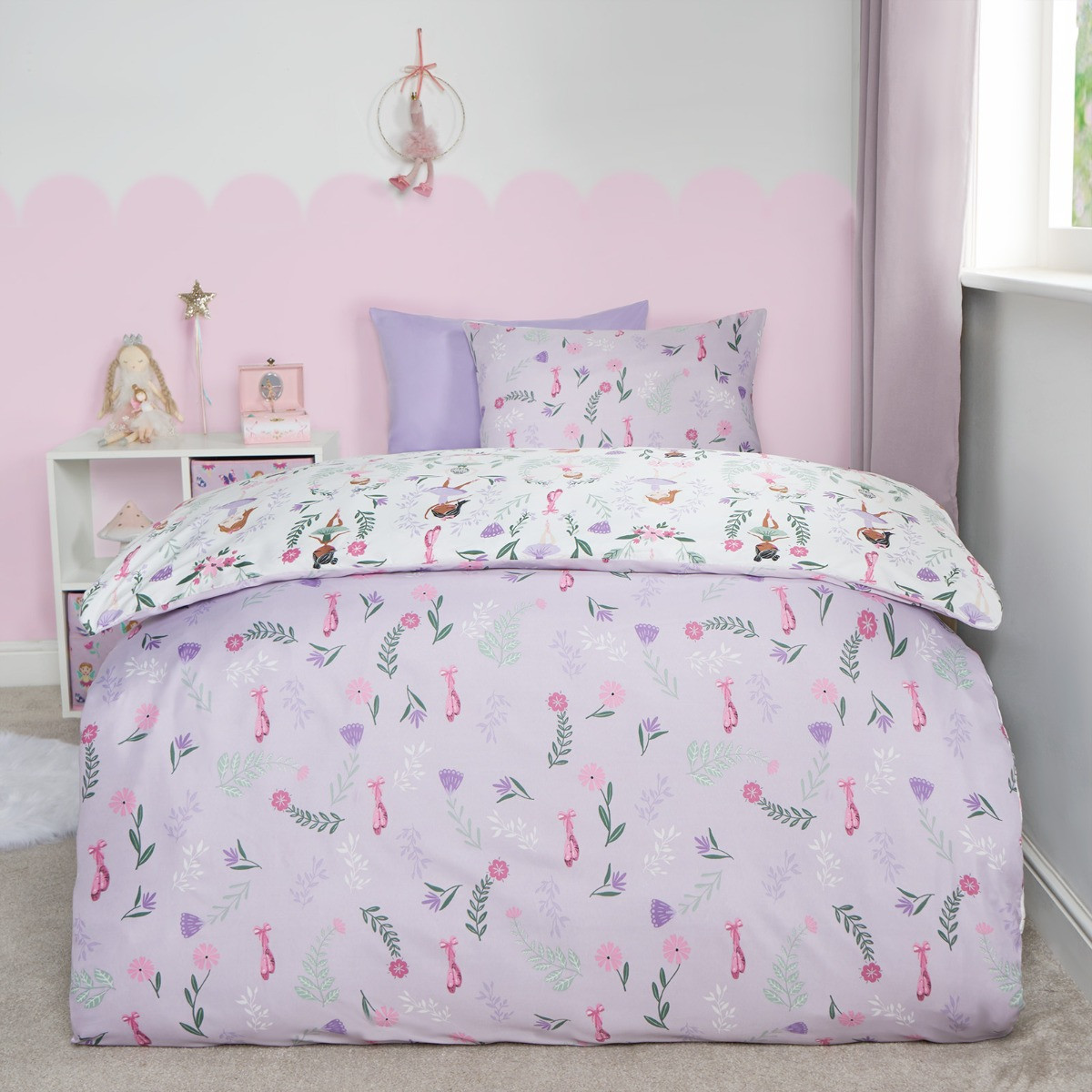 OHS Kids Ballerina Print Reversible Duvet Cover Set - Lilac/White>