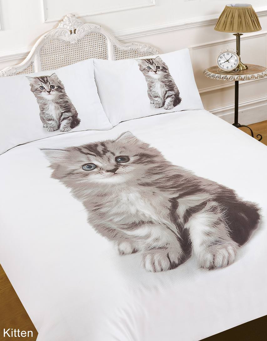 Dreamscene Animal Print Kitten Duvet Cover Bedding Set, White - Single>