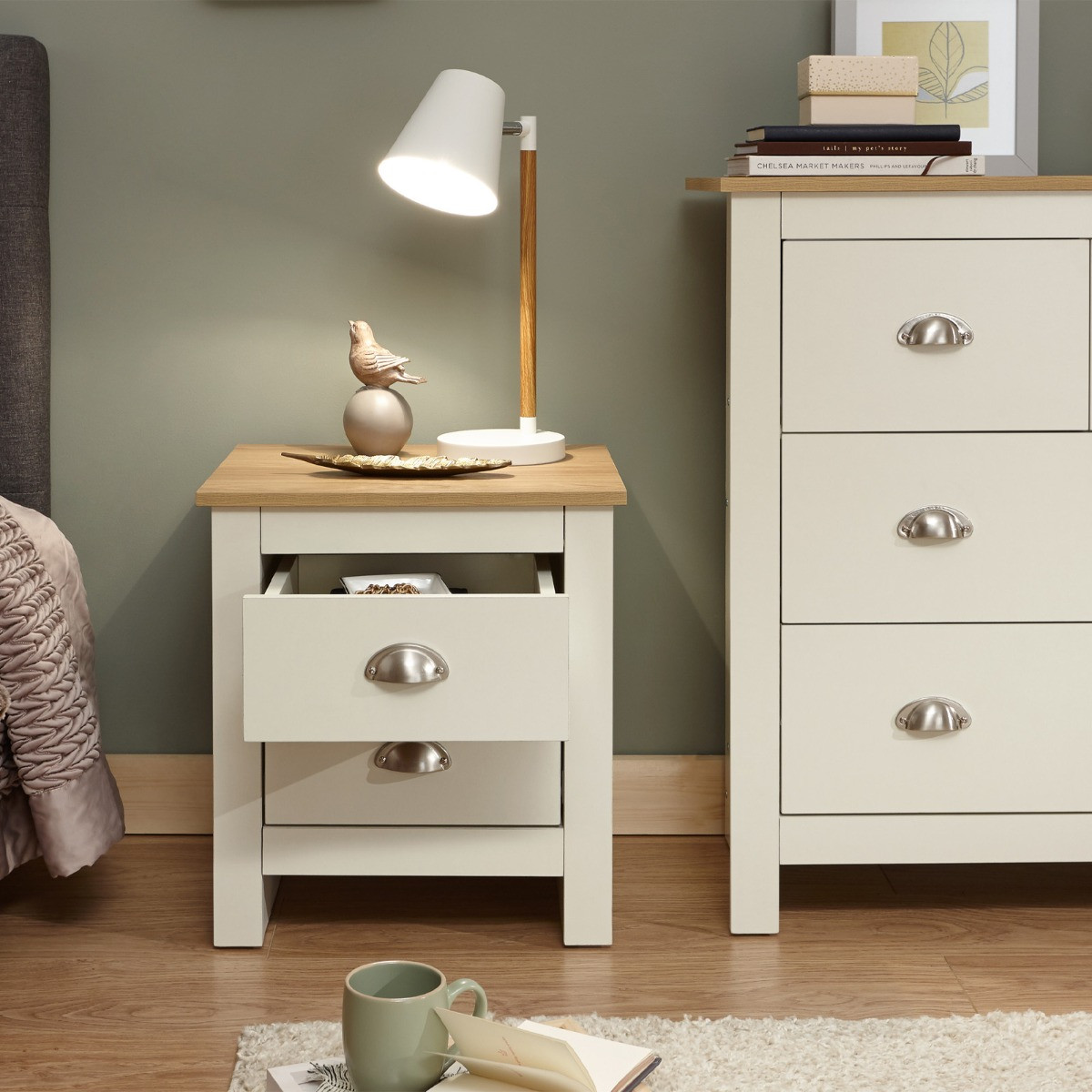 Lancaster 2 Drawer Bedside Table - Cream>