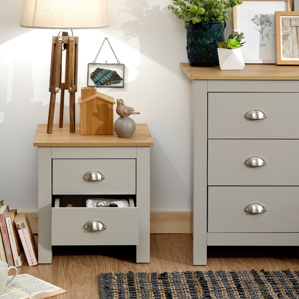 Lancaster 2 Drawer Bedside Table - Grey>