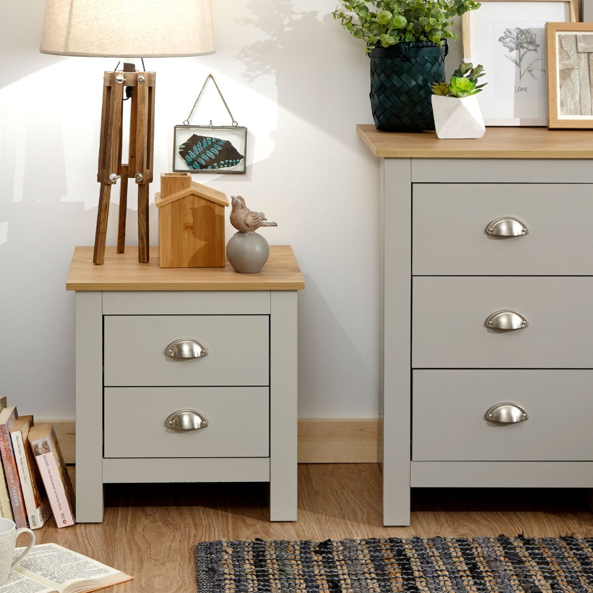 Lancaster 2 Drawer Bedside Table - Grey>