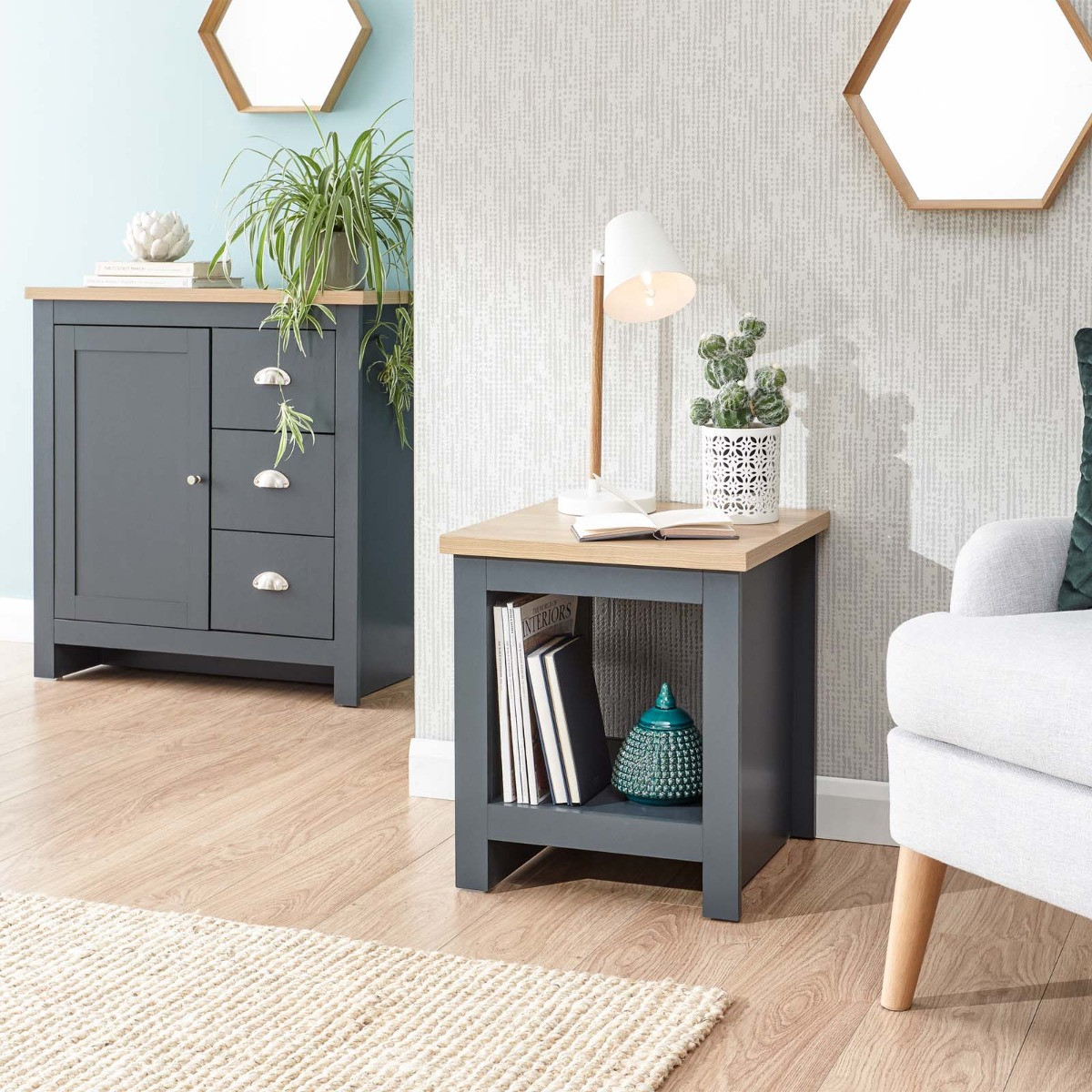 Lancaster Side Table With Shelf - Slate Blue>