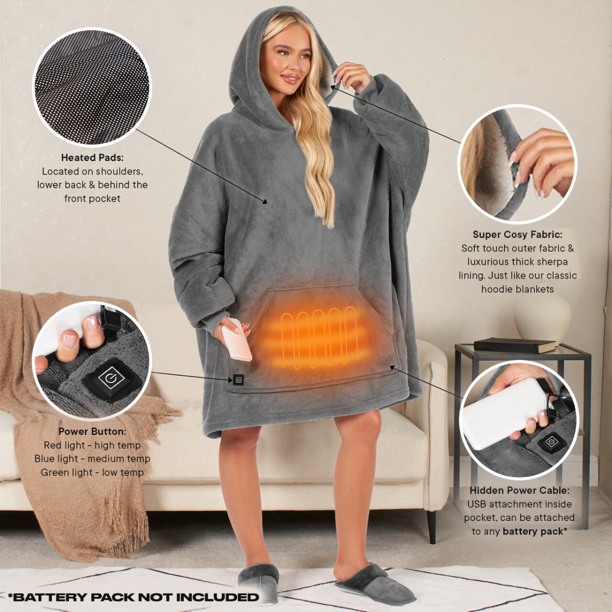 OHS Electric Heated Oversized Hoodie Blanket, Adults - Charcoal>