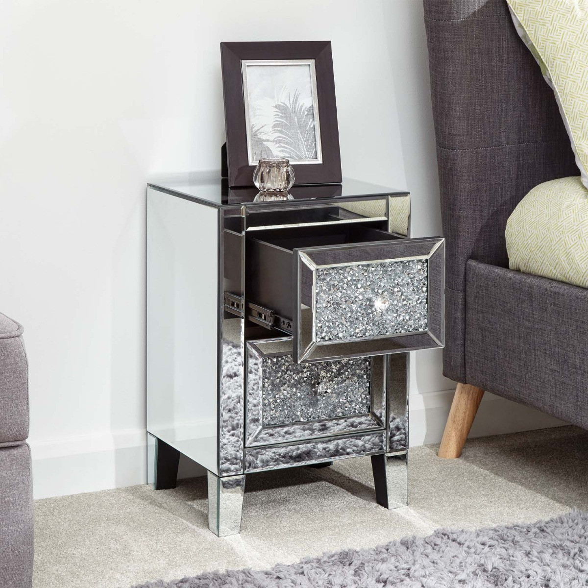 Lucia 2 Drawer Jewelled Chest Mirrored>