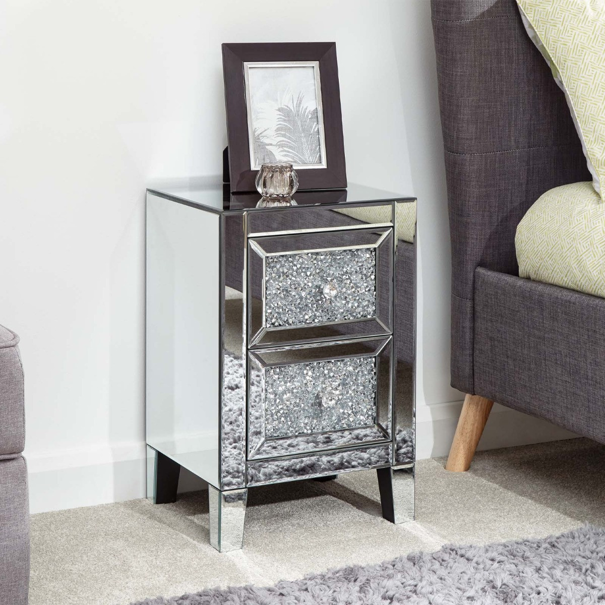 Lucia 2 Drawer Jewelled Chest Mirrored>