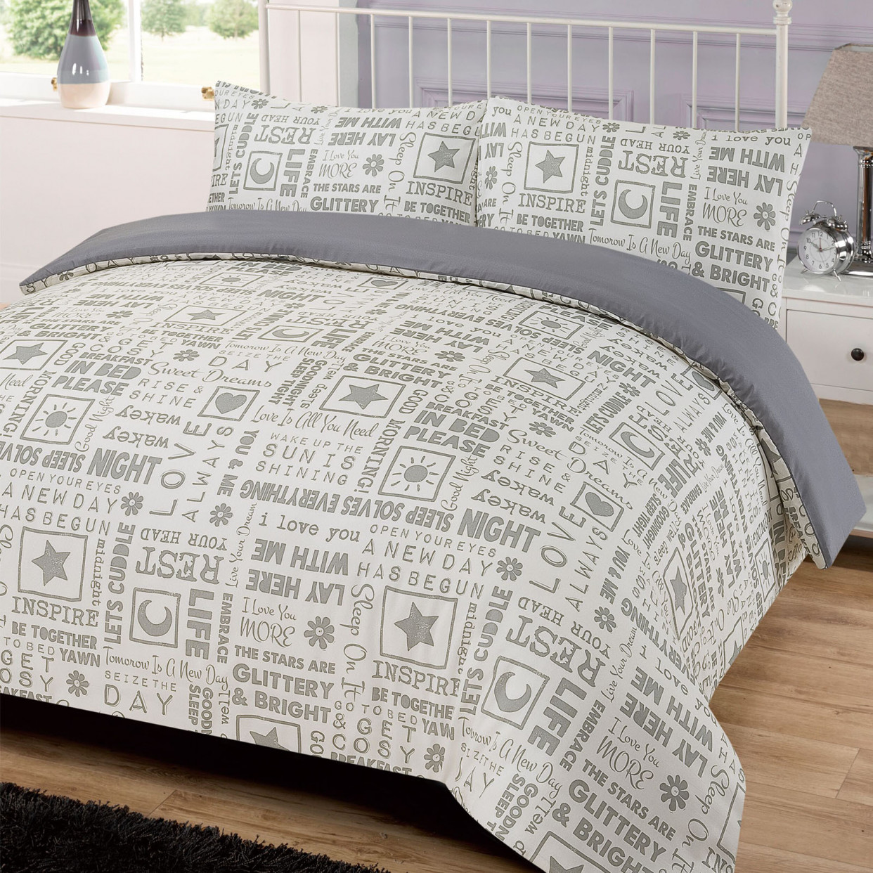 Letter Press Duvet King Size Cover with Pillowcase Set - Grey>