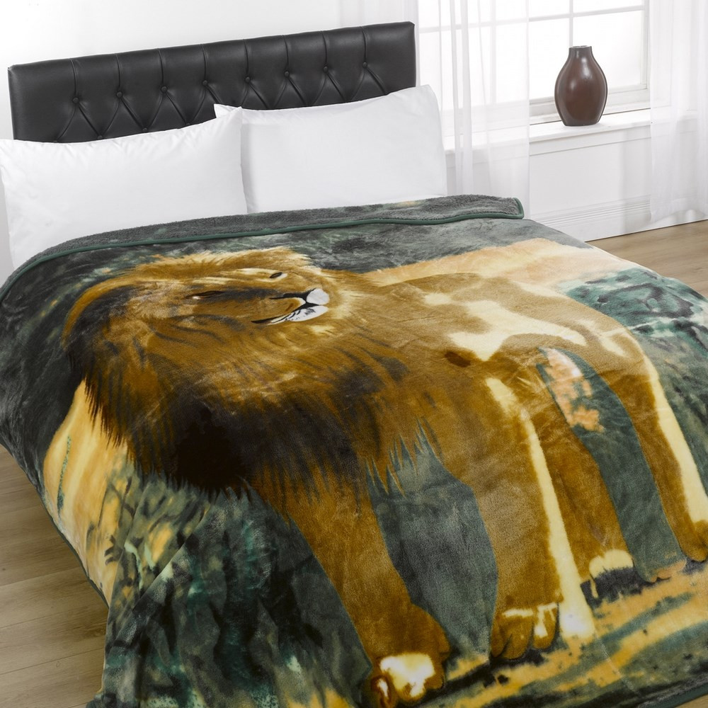 Animal Print Mink Faux Fur Throw Fleece Blanket 200 x 240cm - Large - Lion>