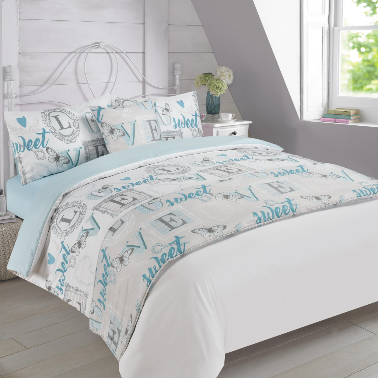 Dreamscene Complete Bed in a Bag Love Sweet Love Butterfly, Blue - Superking>