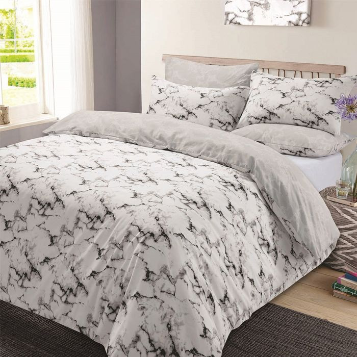 Marble Edge Duvet Cover with Pillow Case Reversible Bedding Set - Grey, Single>