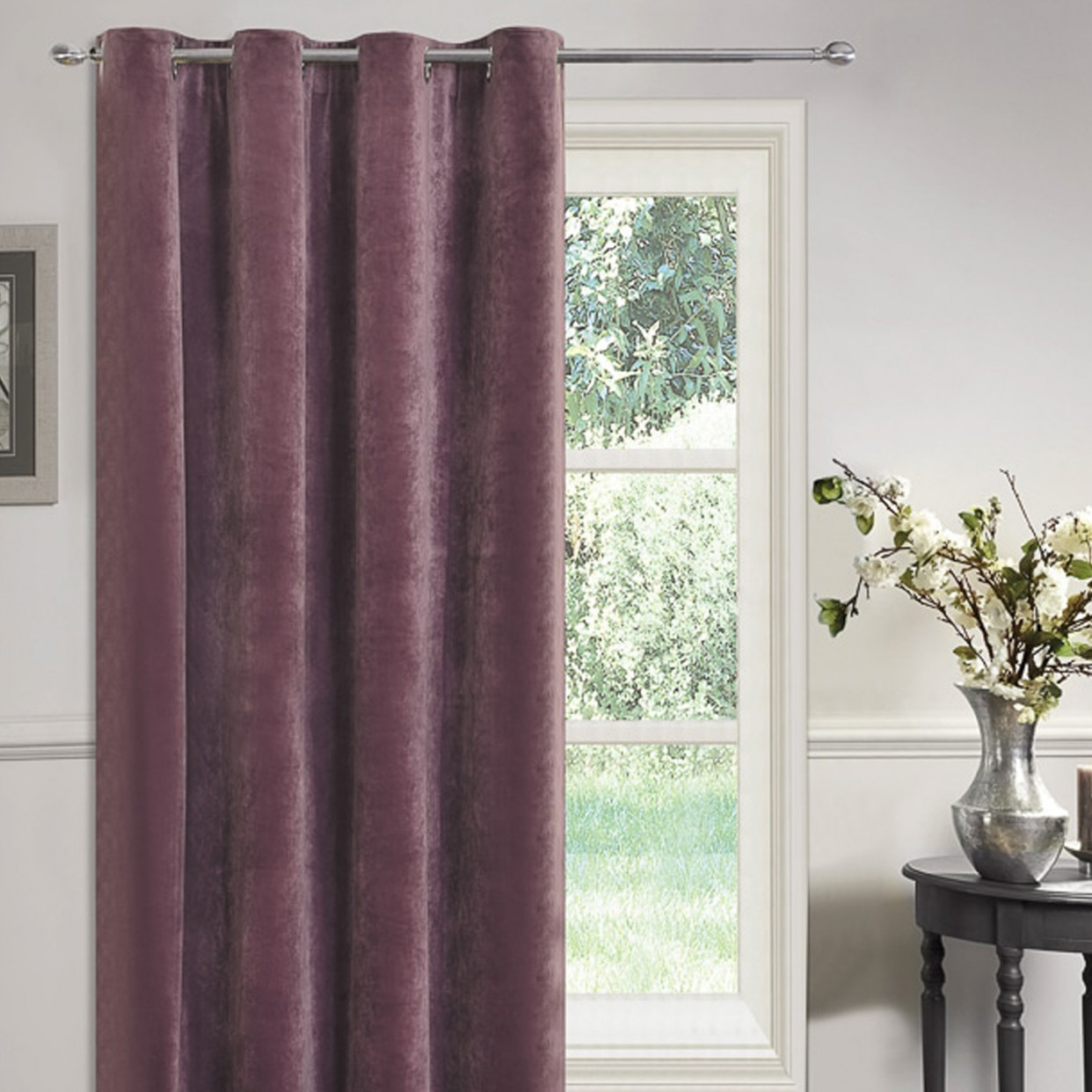 Sienna Matt Velvet Eyelet Single Door Curtain Panel, Plum Purple - 54" x 86">