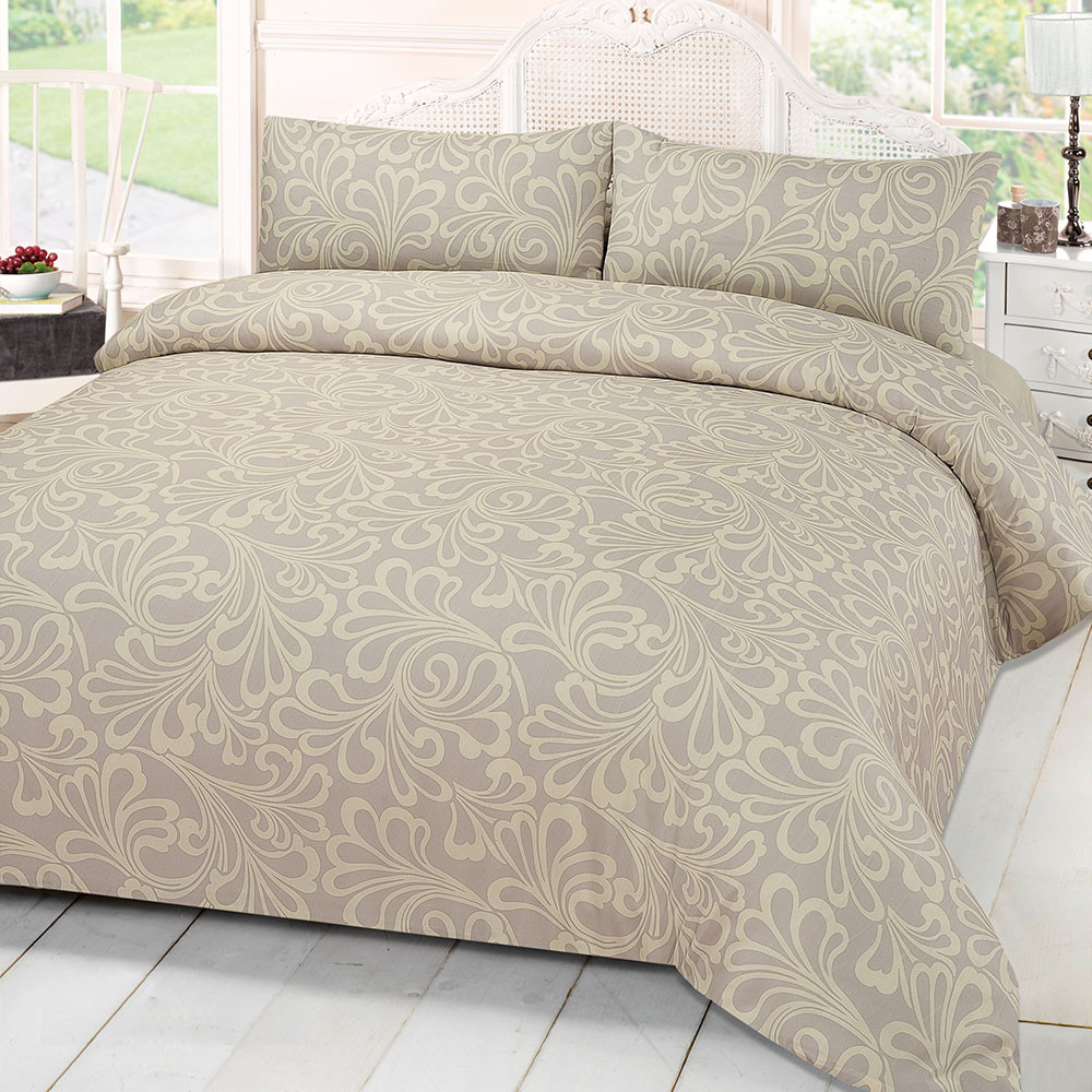 Damask Duvet Cover Bedding Set With Pillowcases Cream Double>