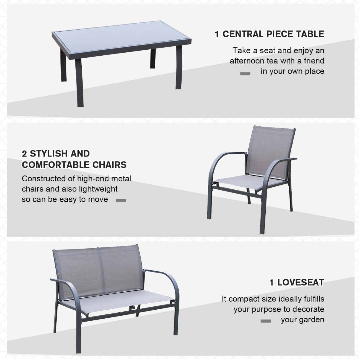 Outsunny Curved Steel Outdoor Furniture Set With Loveseat, 4 Piece - Grey>
