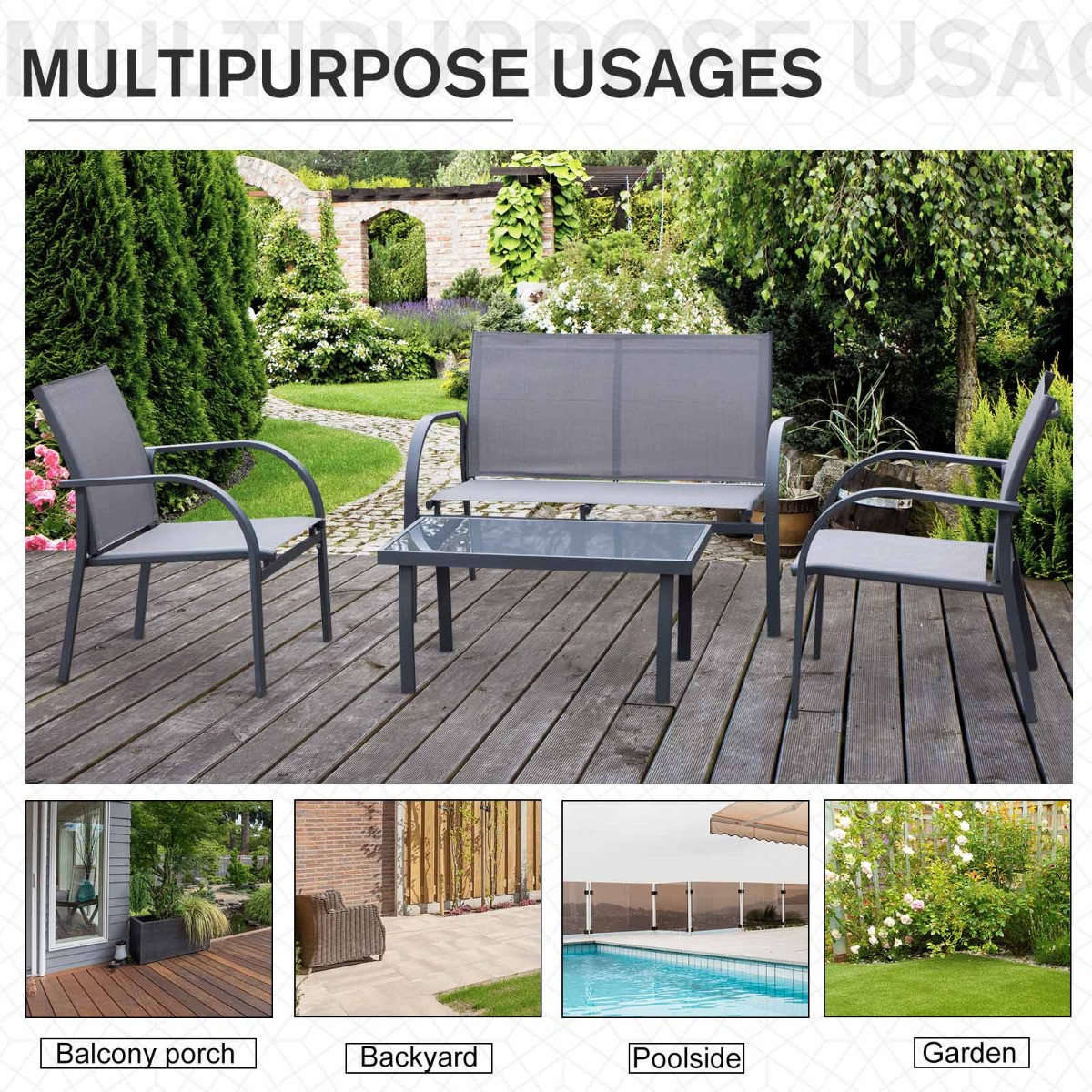 Outsunny Curved Steel Outdoor Furniture Set With Loveseat, 4 Piece - Grey>