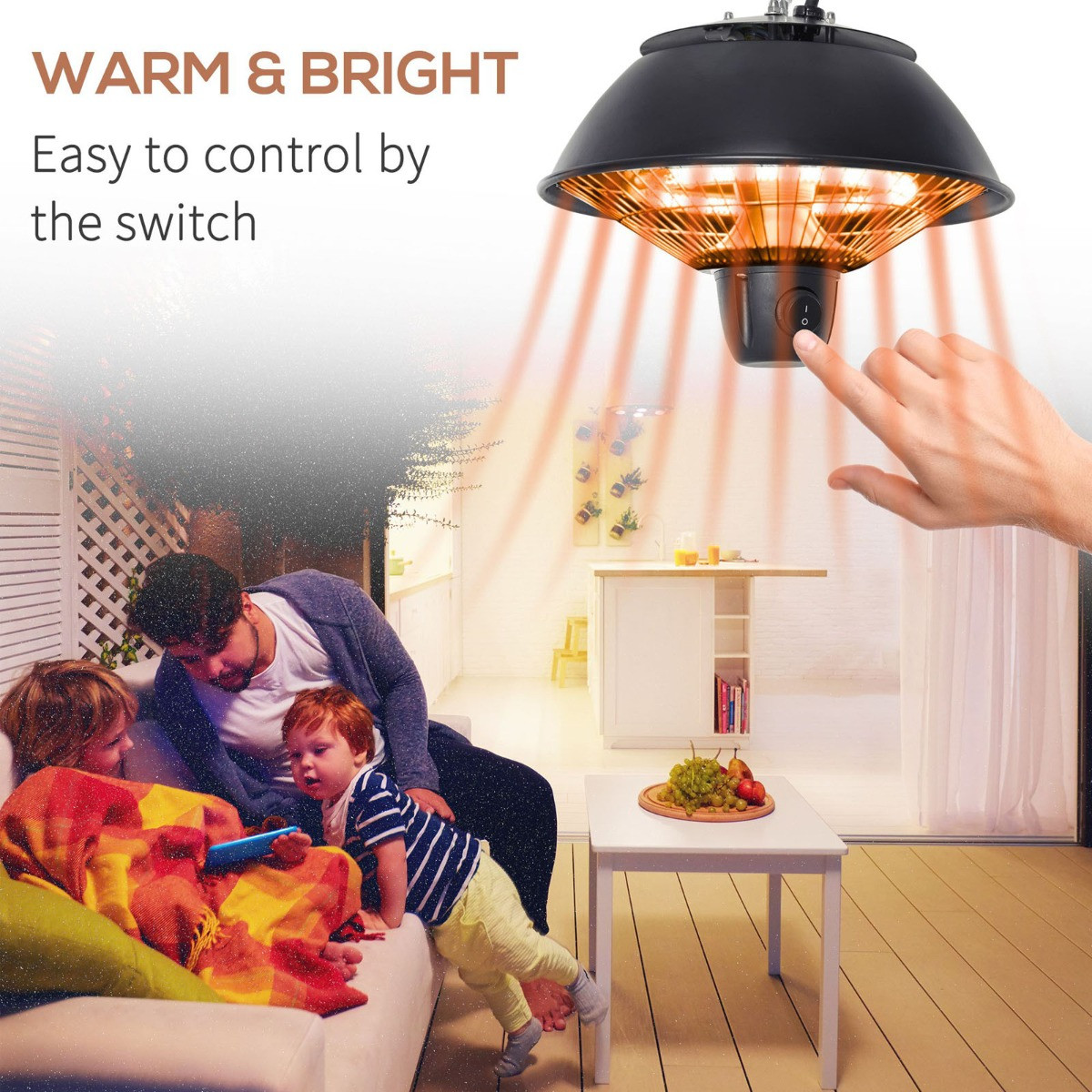 Outsunny Hanging Electric Halogen Heater Light, 600W - Black>