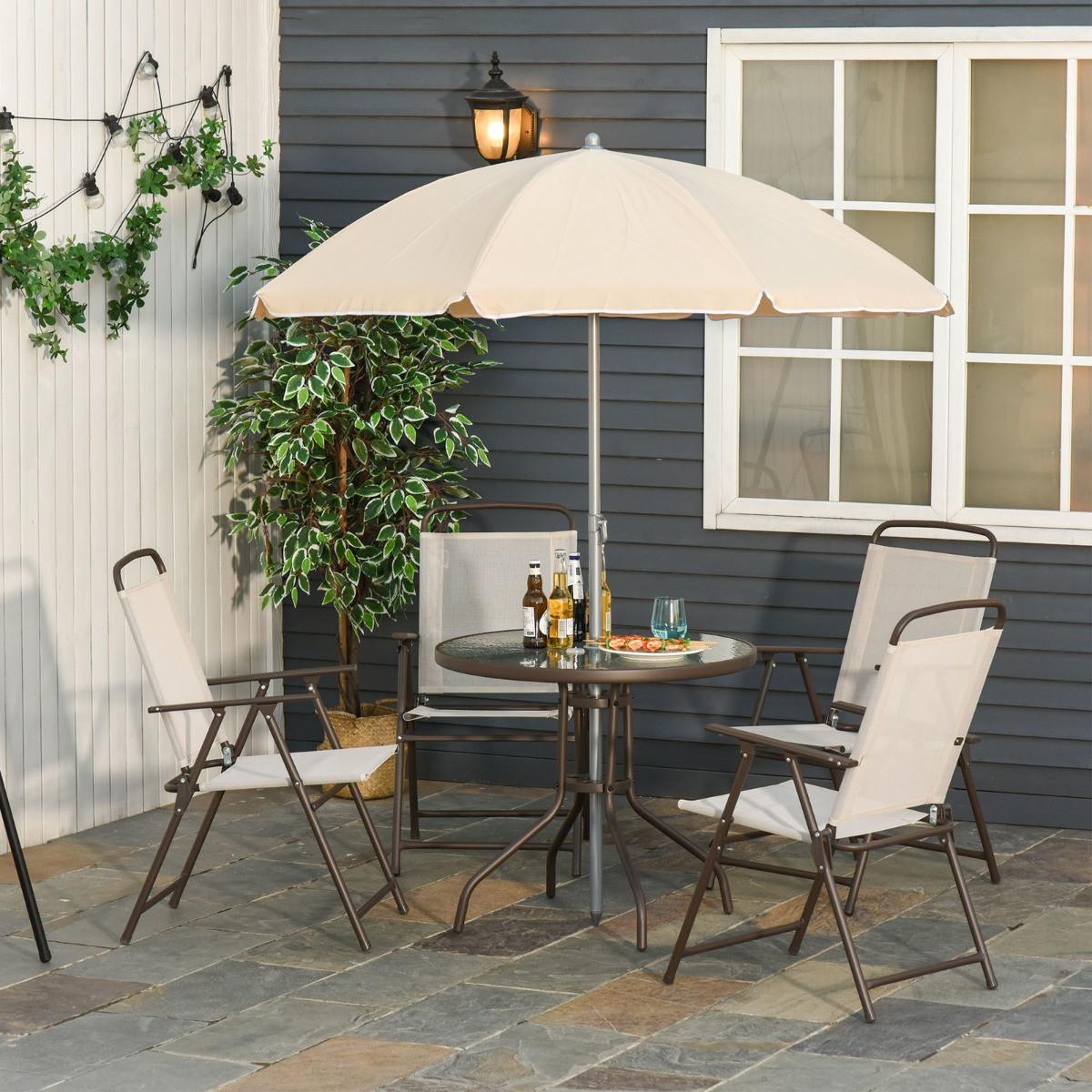 Outsunny Patio Dining Set With Parasol, 6 Piece - Beige>