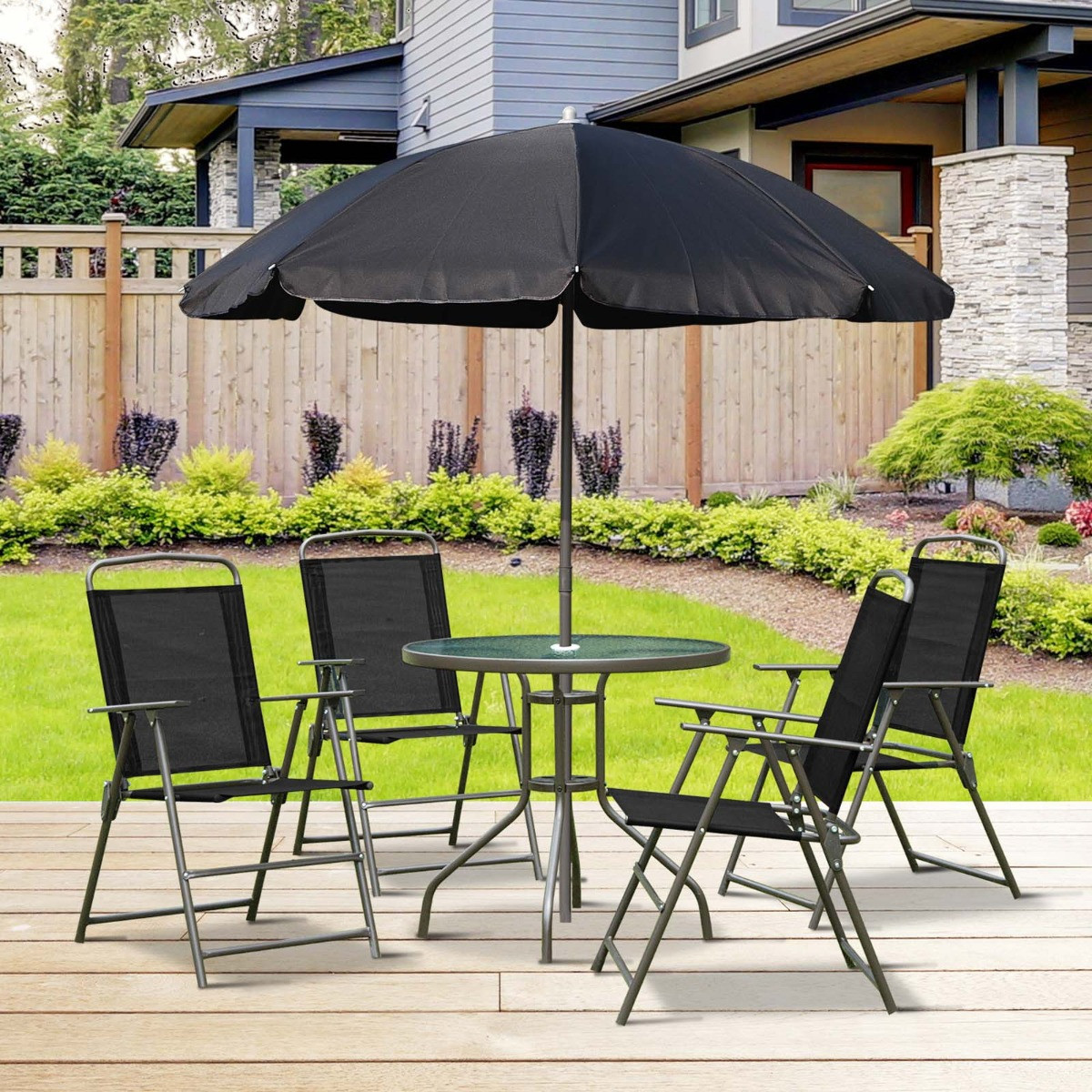 Outsunny Patio Dining Set With Parasol, 6 Piece - Black>