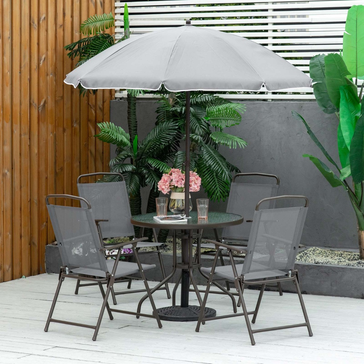 Outsunny Patio Dining Set With Parasol, 6 Piece - Grey>