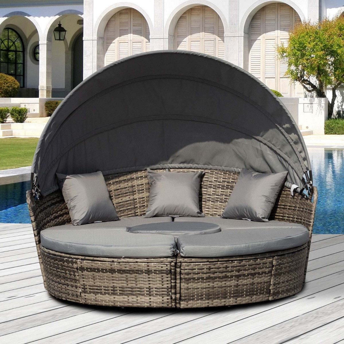 Outsunny Rattan Garden Furniture Cushioned Round Sofa Bed - Grey>