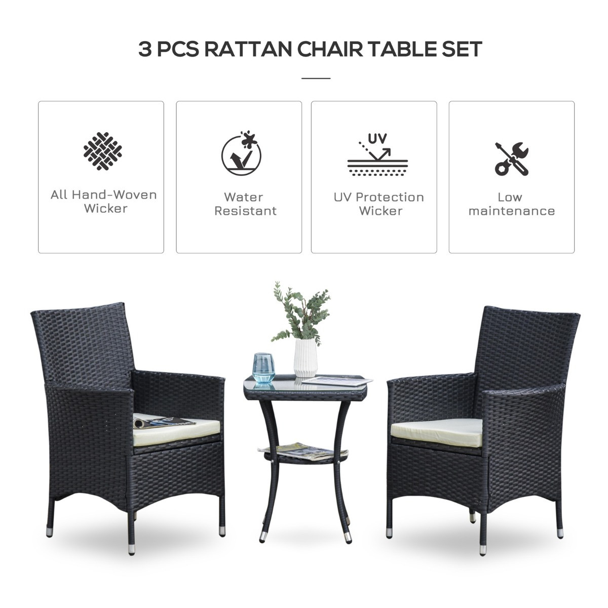 Outsunny Rattan Garden Furniture Bistro Set, 3 Piece - Black>