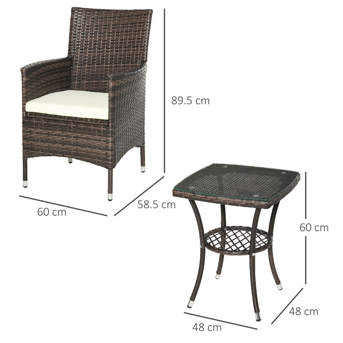 Outsunny Rattan Garden Furniture Bistro Set, 3 Piece Brown